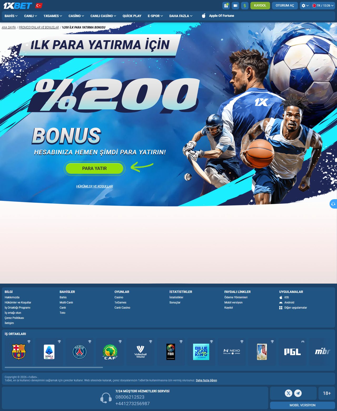 TRY para birimli 1xBet para yatırma kasa ekranı