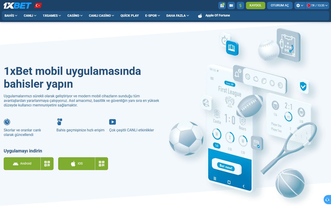 Mobil cihazda 1xBet uygulama ve giriş görünümü