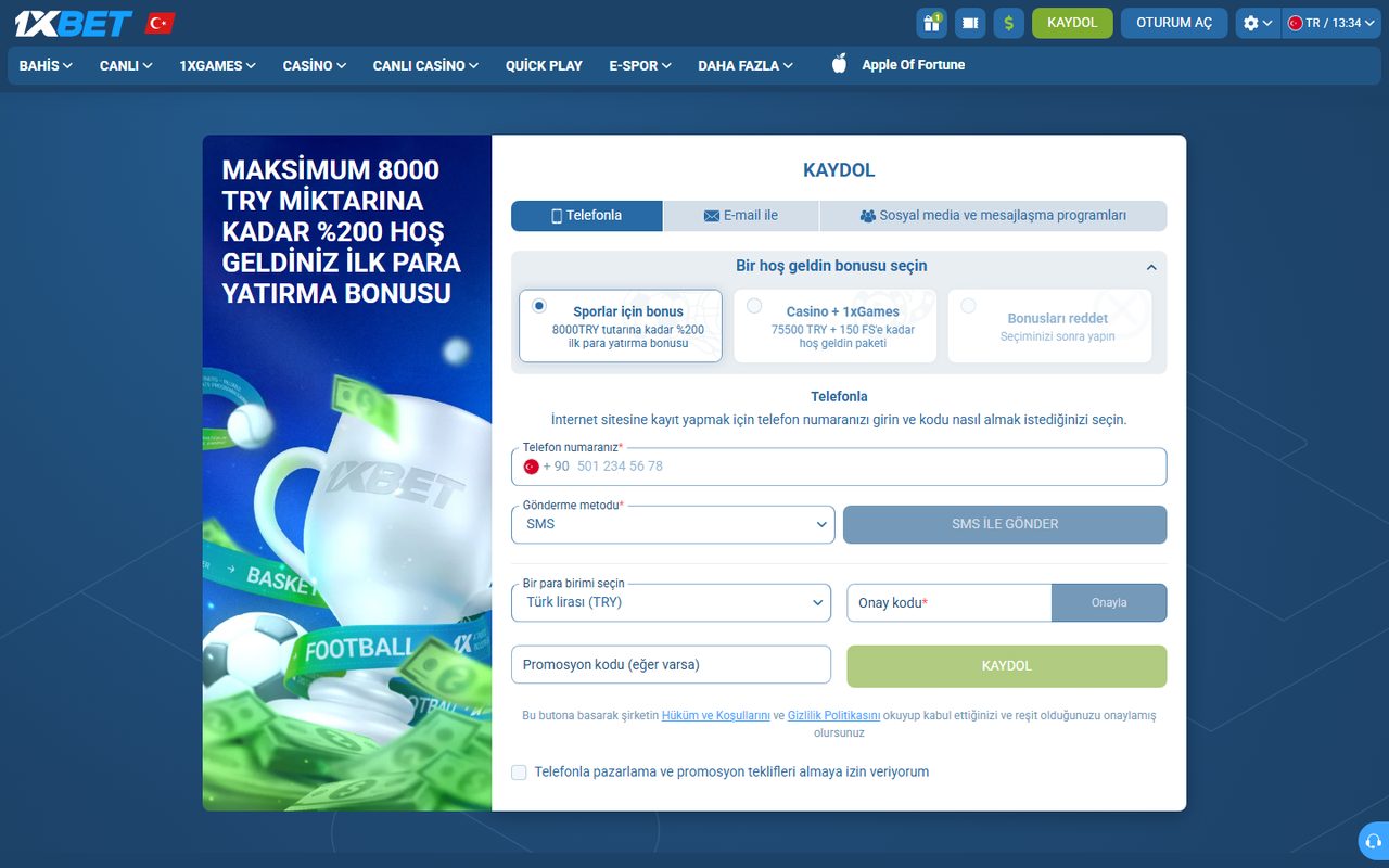 1xBet kayıt formunda Türkiye telefon ve para birimi seçimi